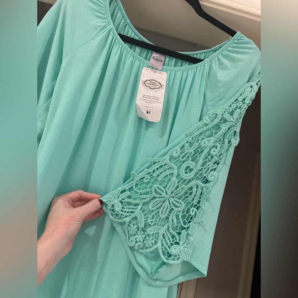 Chaps One Shoulder Aqua Dress with Lace Detail